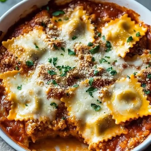 Cheesy Baked Ravioli Casserole served in a dish