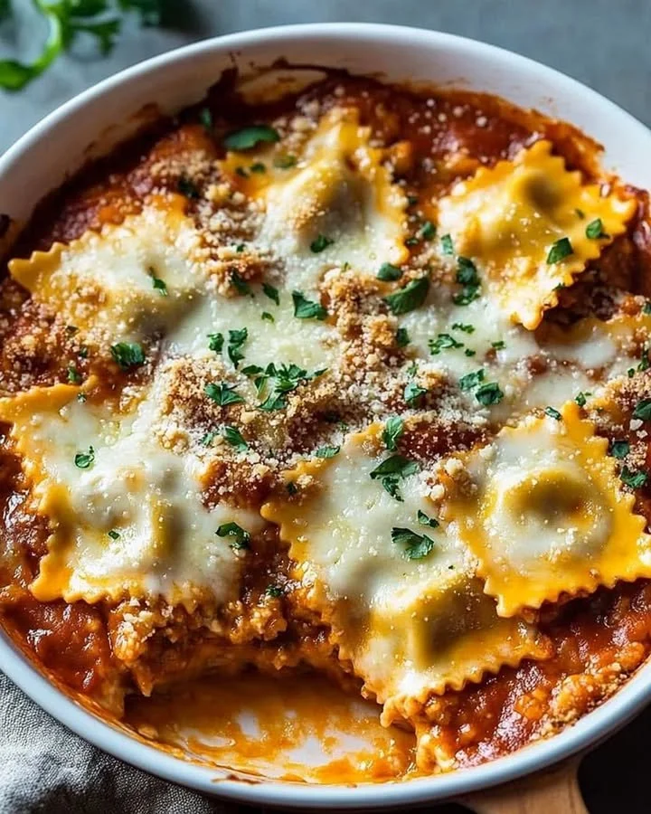Cheesy Baked Ravioli Casserole served in a dish