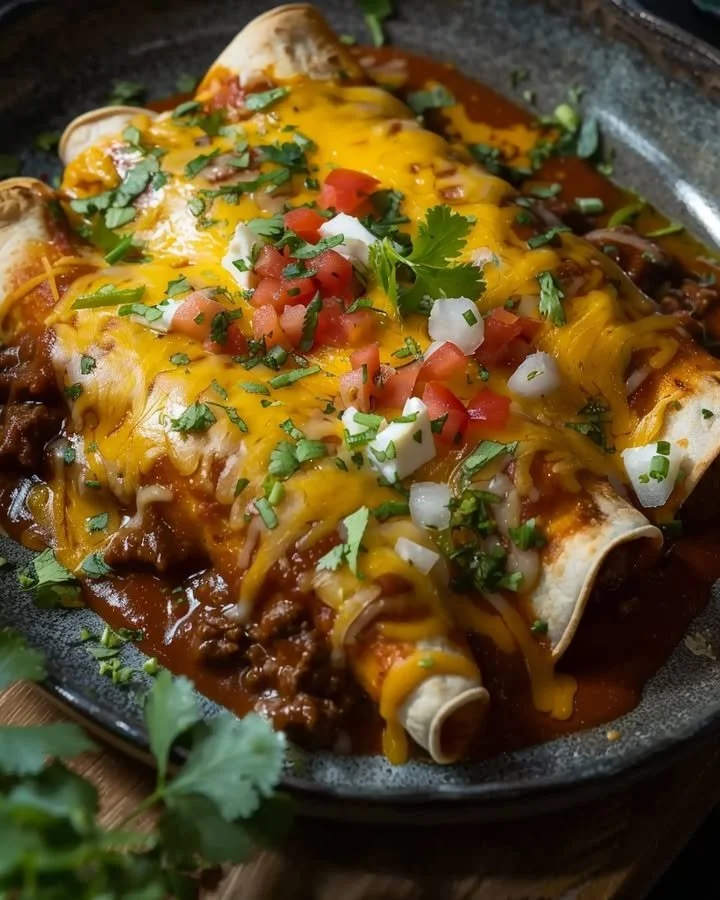 Cheesy beef enchiladas topped with vibrant salsa and melted cheese