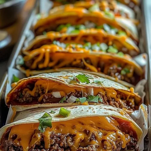 Cheesy beef taco-stuffed tortilla pockets ready to serve.