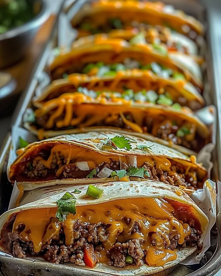 Cheesy beef taco-stuffed tortilla pockets ready to serve.