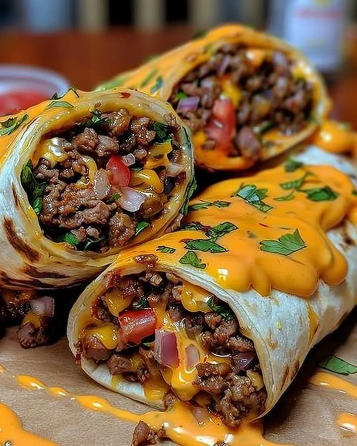 Delicious cheesy beef wraps filled with seasoned beef and melted cheese
