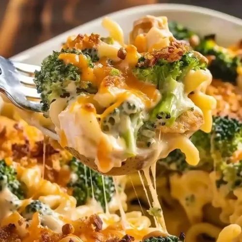 Cheesy chicken and broccoli stuffed potatoes topped with melted cheese