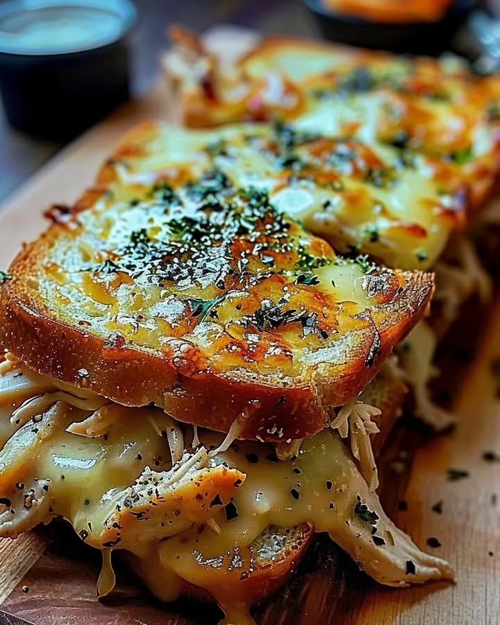 Cheesy chicken garlic bread sandwich with melted cheese and crispy toppings
