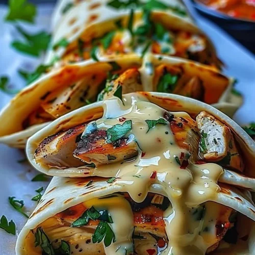 Cheesy garlic chicken wraps served on a plate with fresh vegetables