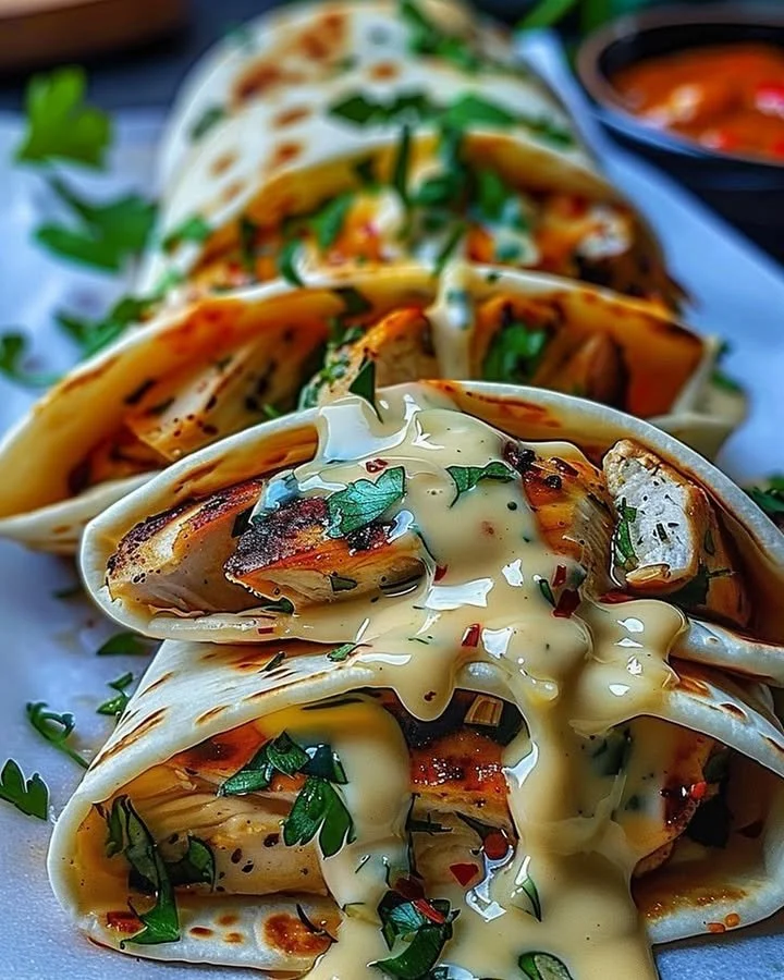 Cheesy garlic chicken wraps served on a plate with fresh vegetables