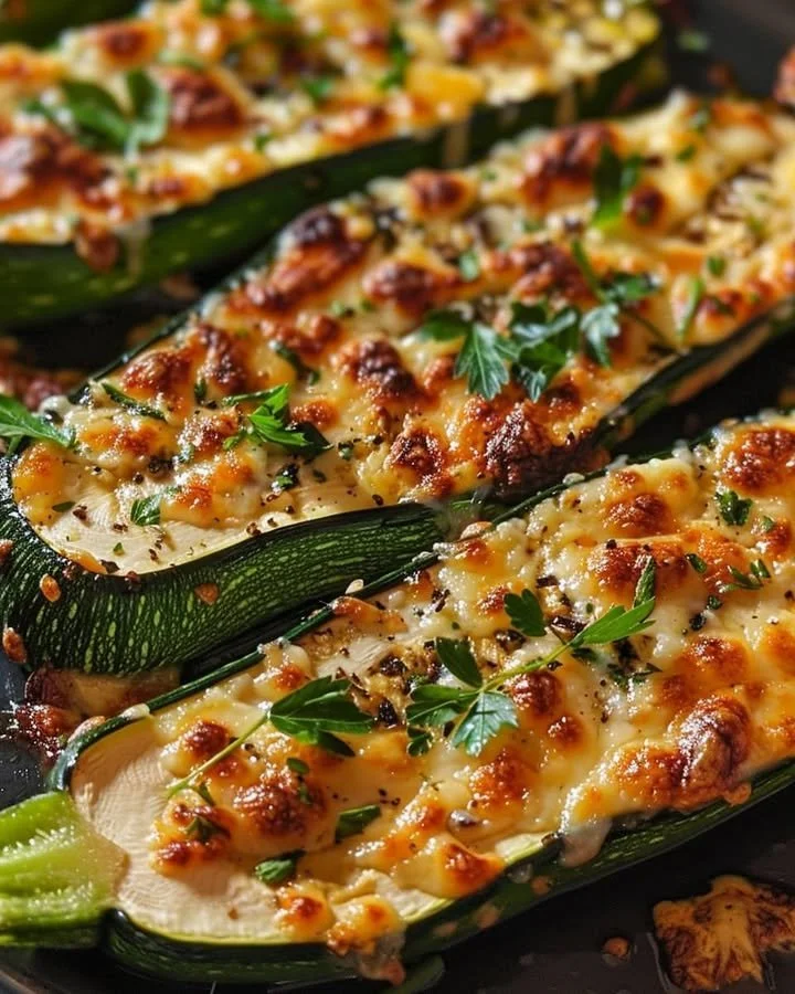 Cheesy garlic zucchini steaks garnished and ready to serve
