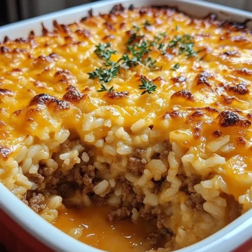 Cheesy ground beef rice casserole topped with melted cheese in a baking dish.