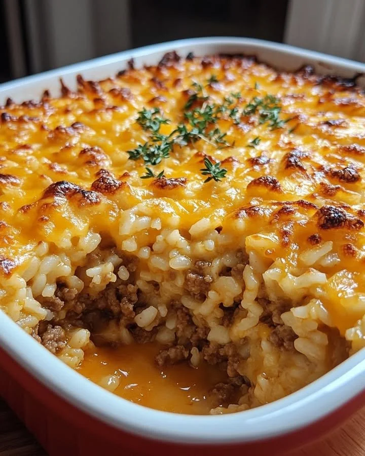 Cheesy ground beef rice casserole topped with melted cheese in a baking dish.