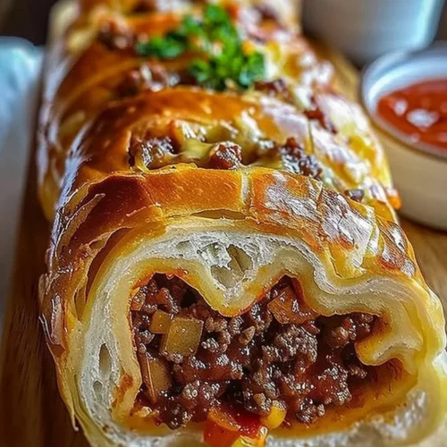 Cheesy ground beef stuffed bread roll on a plate with herbs