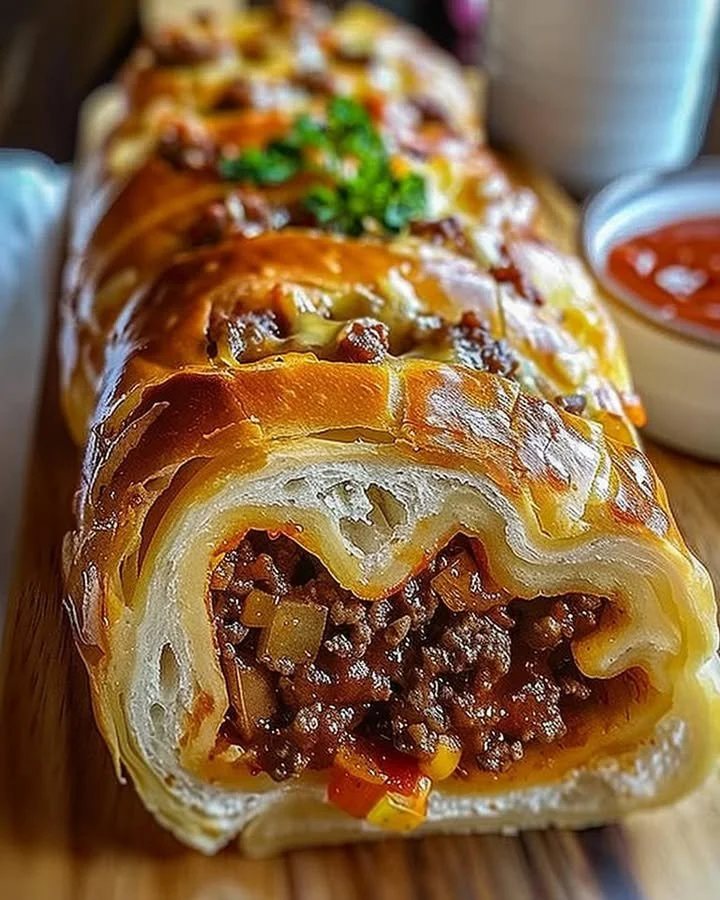 Cheesy ground beef stuffed bread roll on a plate with herbs
