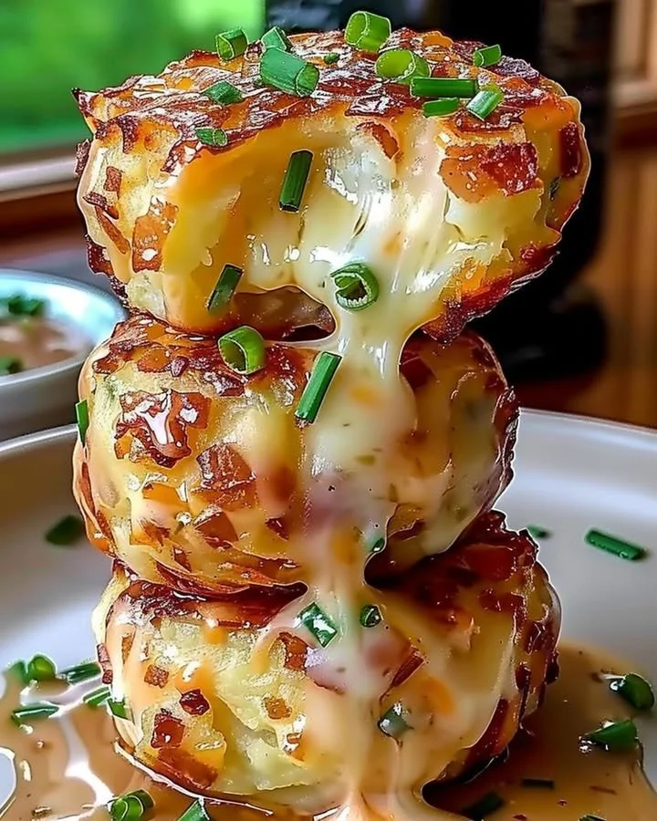 Cheesy mashed potato puffs served on a plate with herbs