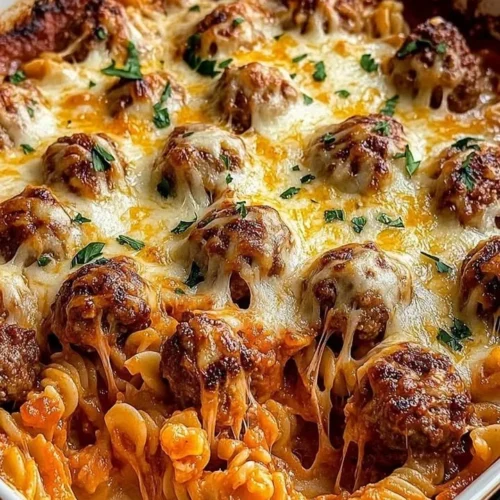 Delicious cheesy meatball pasta bake, topped with melted cheese and herbs