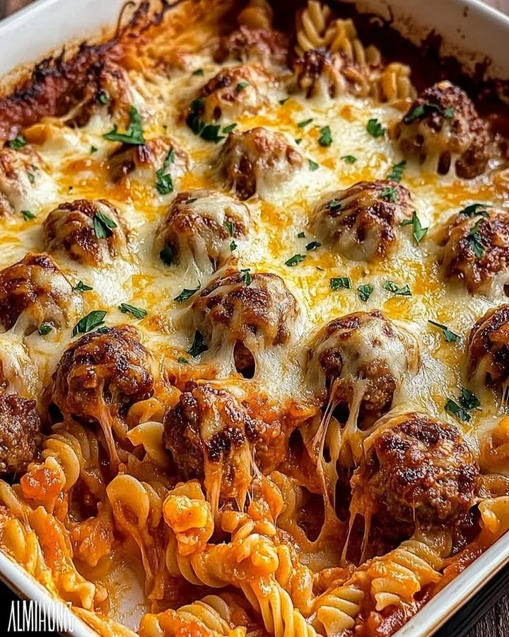 Delicious cheesy meatball pasta bake, topped with melted cheese and herbs