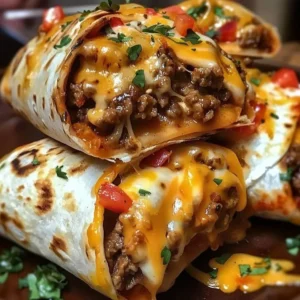 Delicious cheesy nacho beef burritos ready to be served.