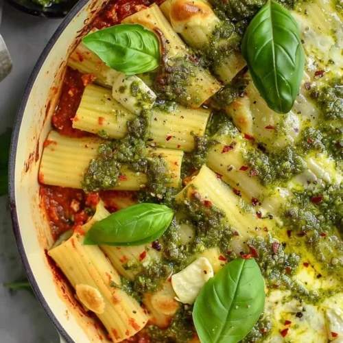Cheesy pesto manicotti filled with ricotta and topped with pesto sauce