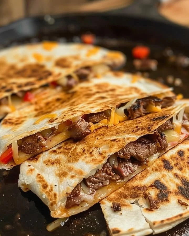 Cheesy steak quesadillas with melted cheese and grilled steak slices