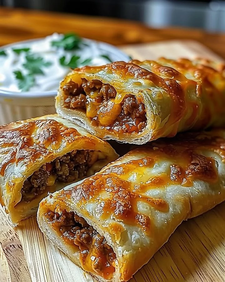 Delicious cheesy taco sticks served on a plate with dipping sauce.