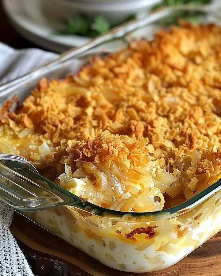 Cheesy Vidalia Onion Casserole served in a baking dish, topped with melted cheese