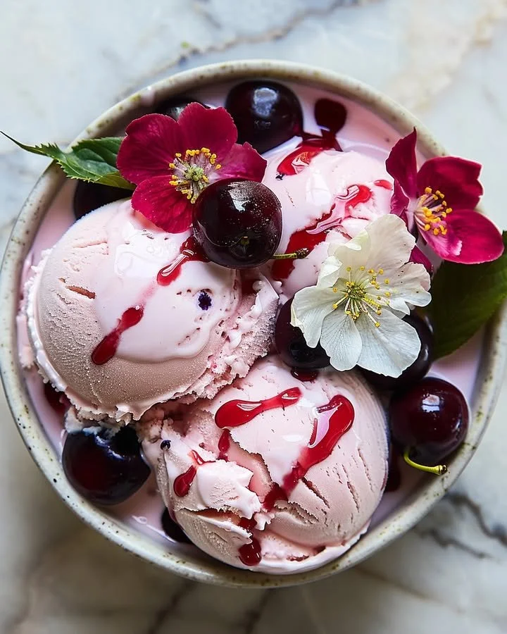 Delicious Cherry Blossom Ice Cream in a decorative bowl topped with pink blossoms.