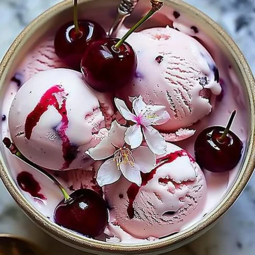 Cherry blossom ice cream in a bowl with delicate pink petals on top.