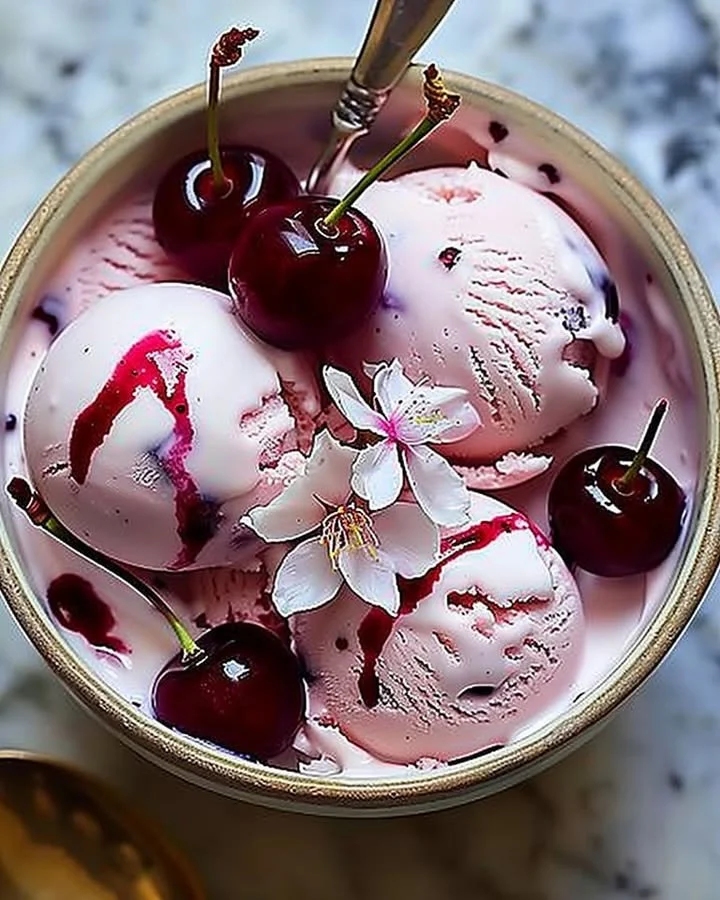 Cherry blossom ice cream in a bowl with delicate pink petals on top.