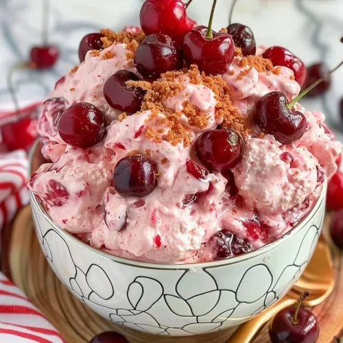 Delicious Cherry Cheesecake Cloud Dessert topped with fresh cherries
