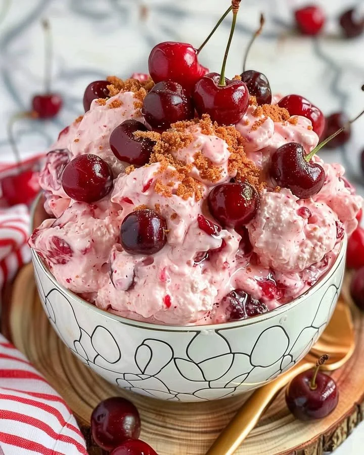 Delicious Cherry Cheesecake Cloud Dessert topped with fresh cherries