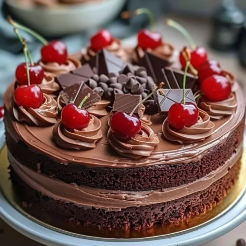 Chocolate cherry cake with cherries and chocolate frosting garnished on a plate
