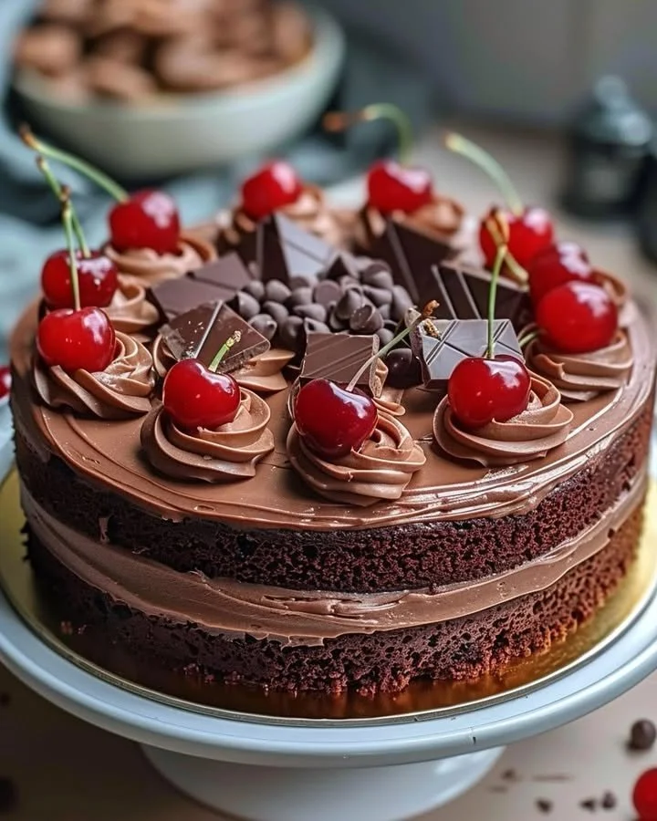 Chocolate cherry cake with cherries and chocolate frosting garnished on a plate