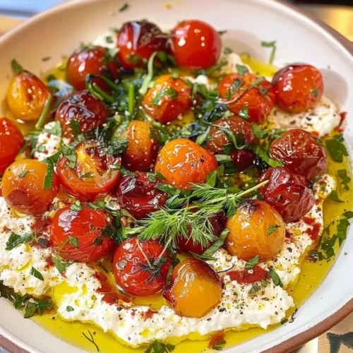 Delicious cherry tomato confit served with creamy whipped feta garnish