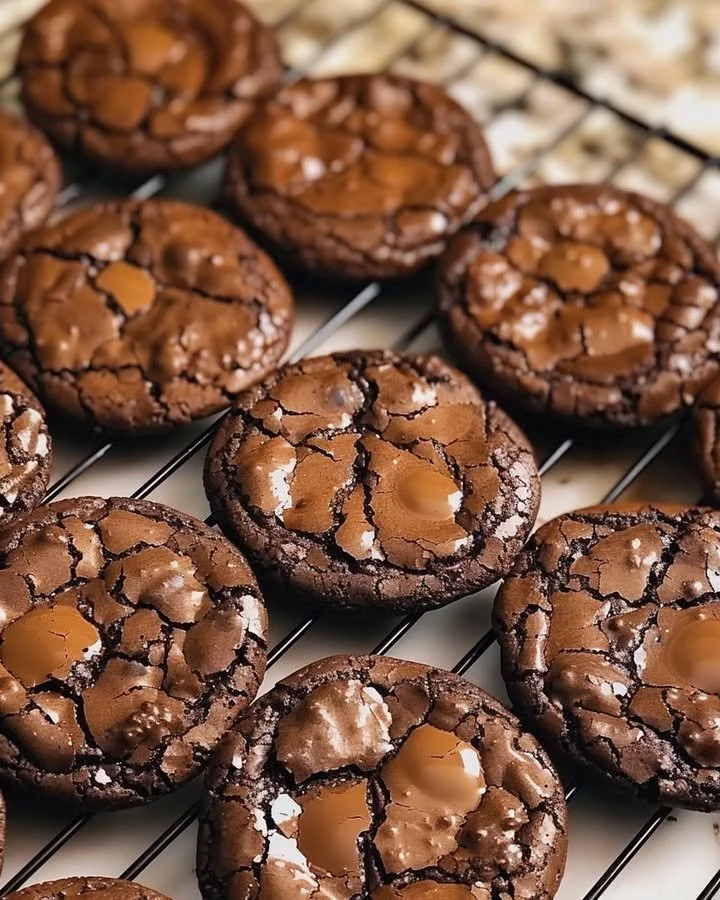 Homemade chewy fudgy chocolate cookies on a baking tray