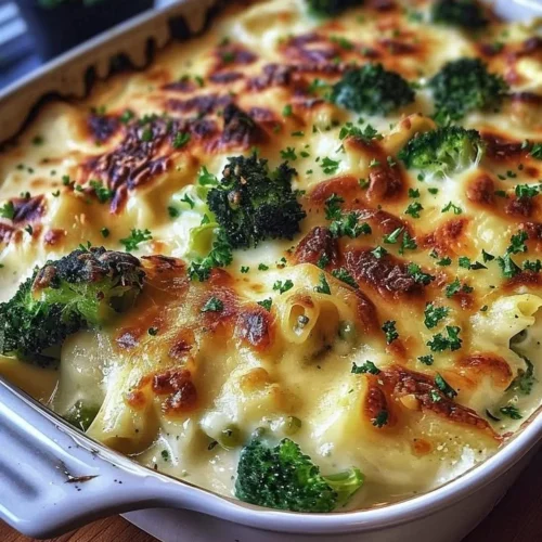 Delicious Chicken and Broccoli Baked Alfredo dish served in a ceramic bowl