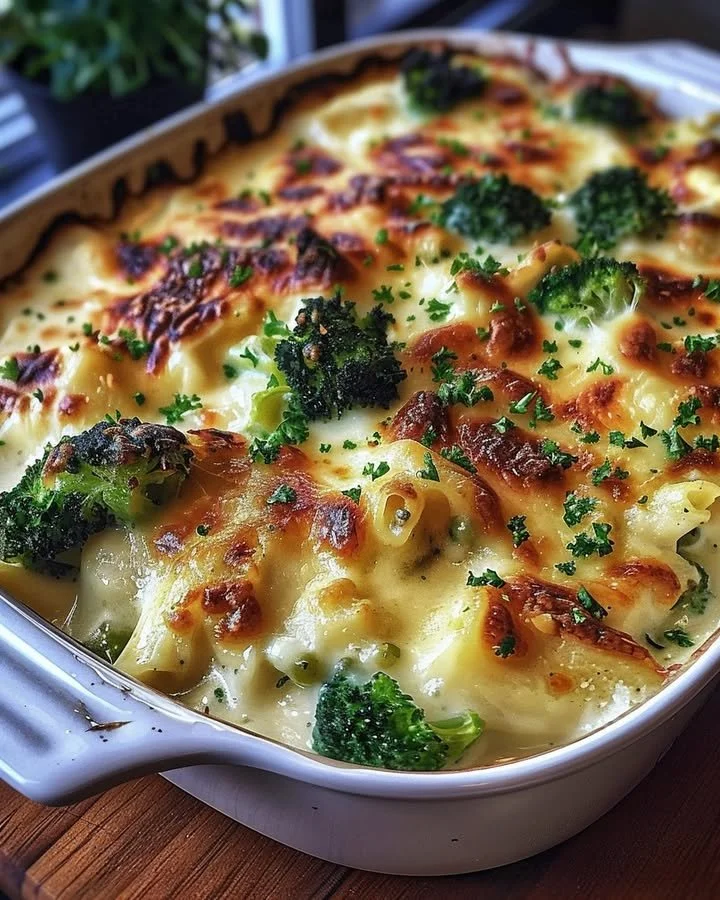 Delicious Chicken and Broccoli Baked Alfredo dish served in a ceramic bowl
