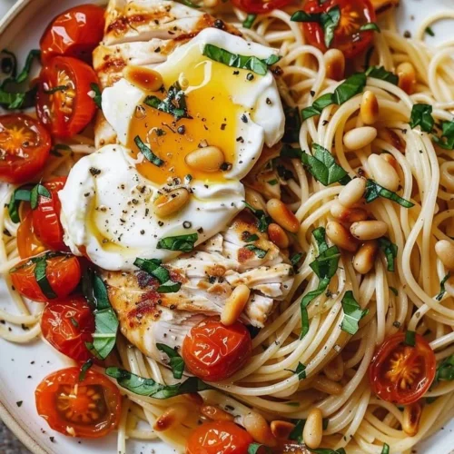 Chicken and Roasted Tomato Pasta dish garnished with fresh herbs