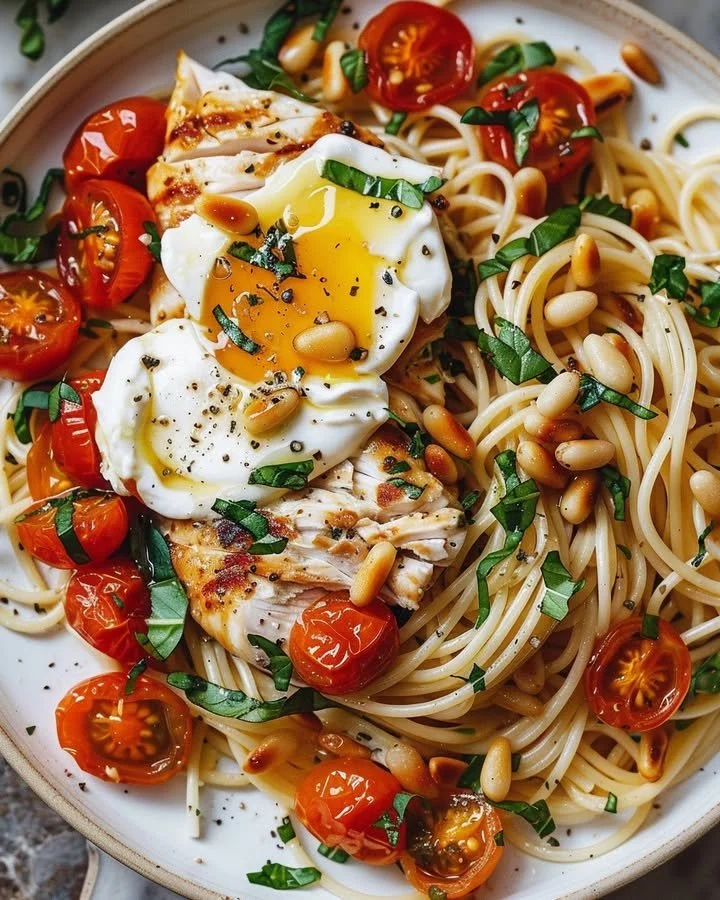 Chicken and Roasted Tomato Pasta dish garnished with fresh herbs