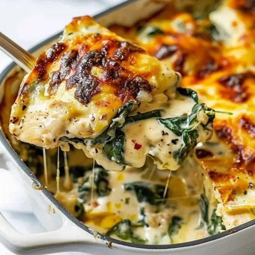 Creamy chicken and spinach casserole with cream cheese baked to perfection
