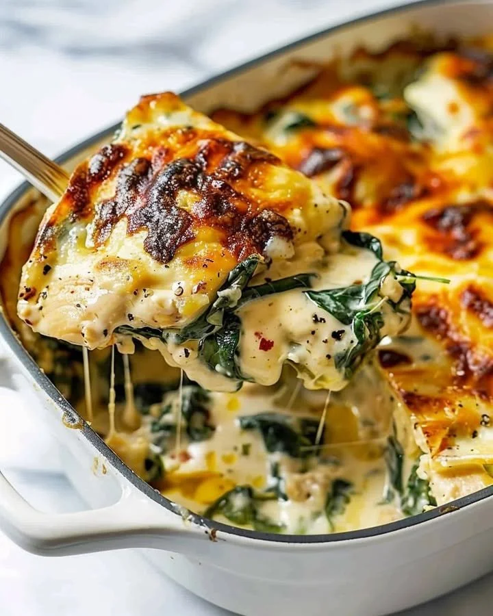 Creamy chicken and spinach casserole with cream cheese baked to perfection