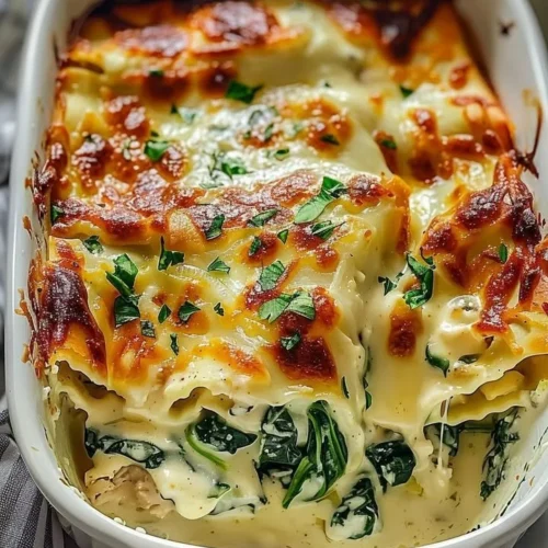 Creamy Chicken Spinach Casserole with cream cheese and spinach on a plate.