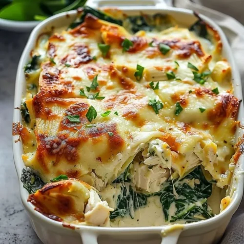 Creamy Chicken and Spinach Casserole with Cream Cheese topped with cheese.