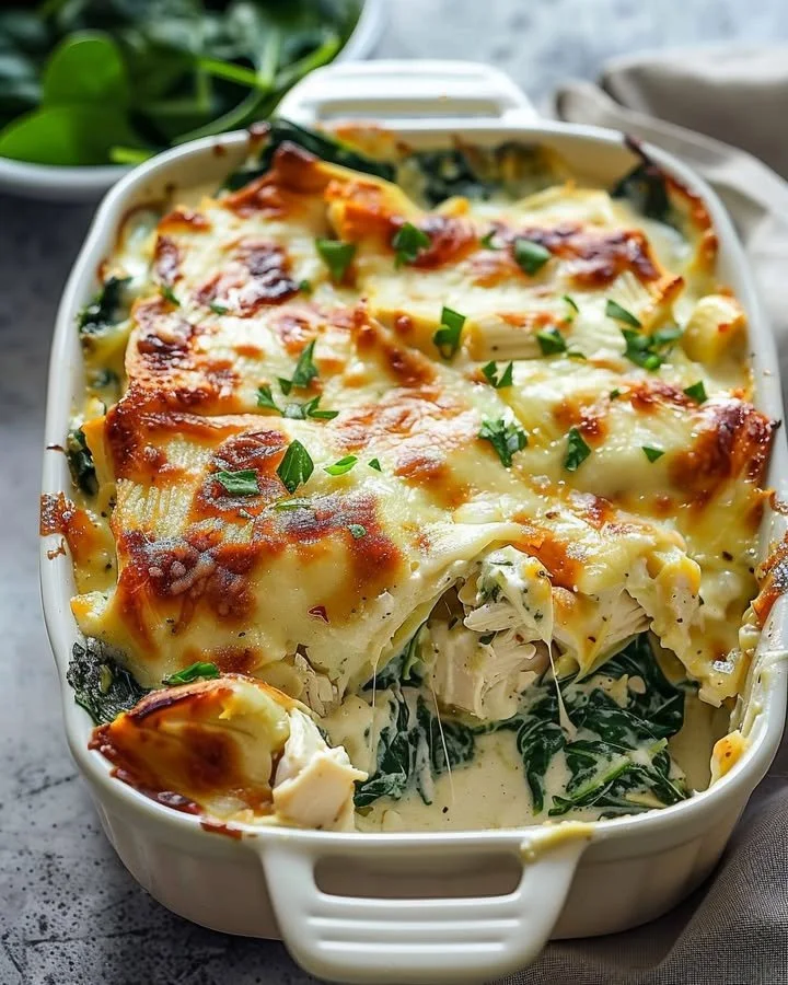 Creamy Chicken and Spinach Casserole with Cream Cheese topped with cheese.