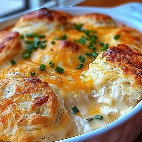 Delicious Chicken Biscuit Casserole baked to perfection with flaky biscuits