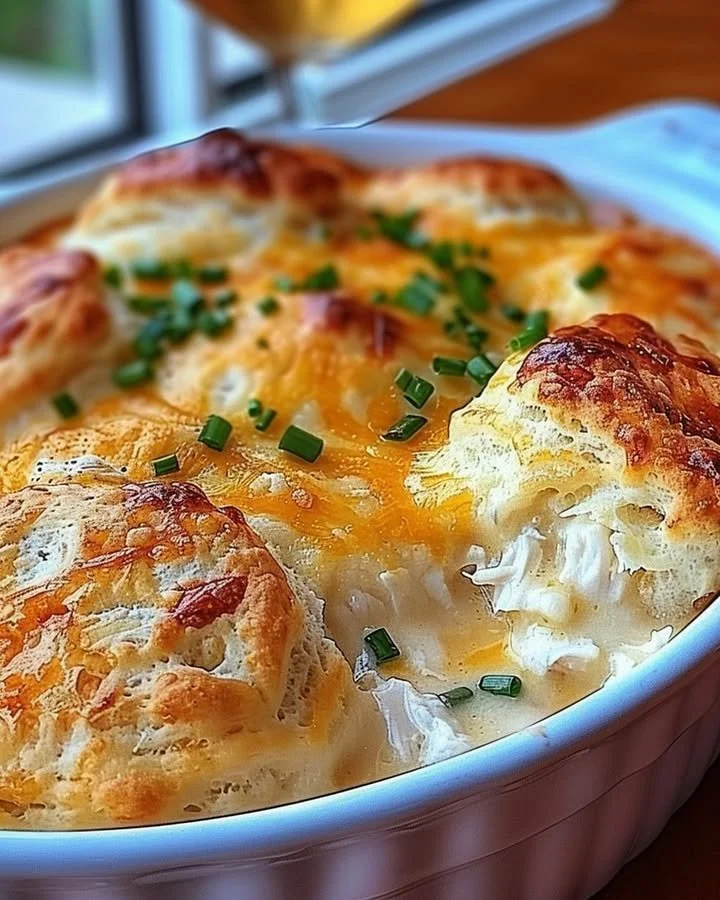 Delicious Chicken Biscuit Casserole baked to perfection with flaky biscuits