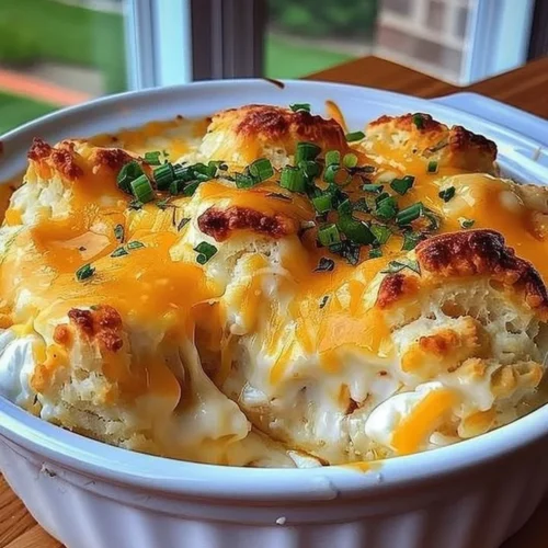 Delicious Chicken Biscuit Casserole with tender chicken and fluffy biscuits baked to perfection.