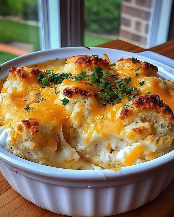 Delicious Chicken Biscuit Casserole with tender chicken and fluffy biscuits baked to perfection.
