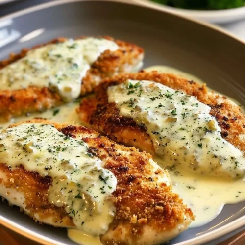 Delicious chicken in basil cream sauce served on a plate with fresh basil leaves.