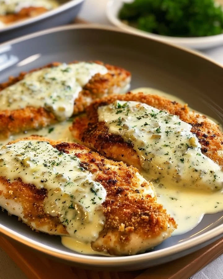 Delicious chicken in basil cream sauce served on a plate with fresh basil leaves.