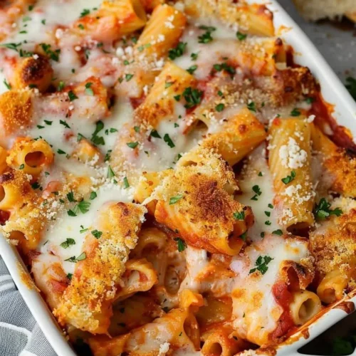 Delicious Chicken Parmesan Rigatoni Bake topped with melted cheese and herbs