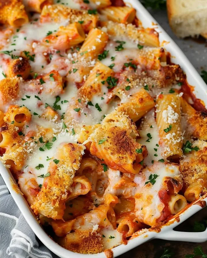 Delicious Chicken Parmesan Rigatoni Bake topped with melted cheese and herbs