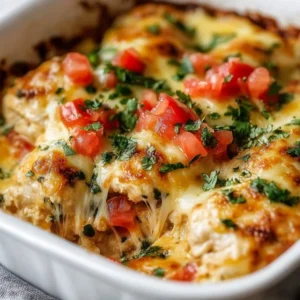 Delicious Chicken Salsa Bake topped with fresh herbs and cheese.